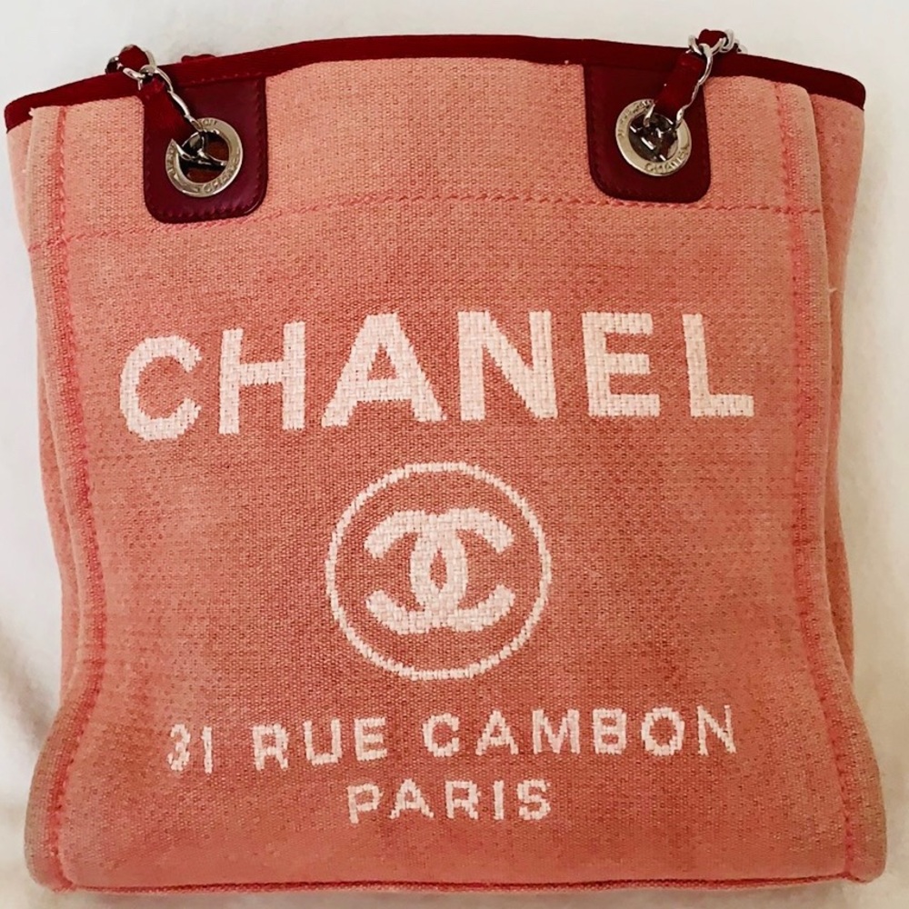 Auth CHANEL Deauville Canvas Chain Lambskin Tote - Picture 11 of 12